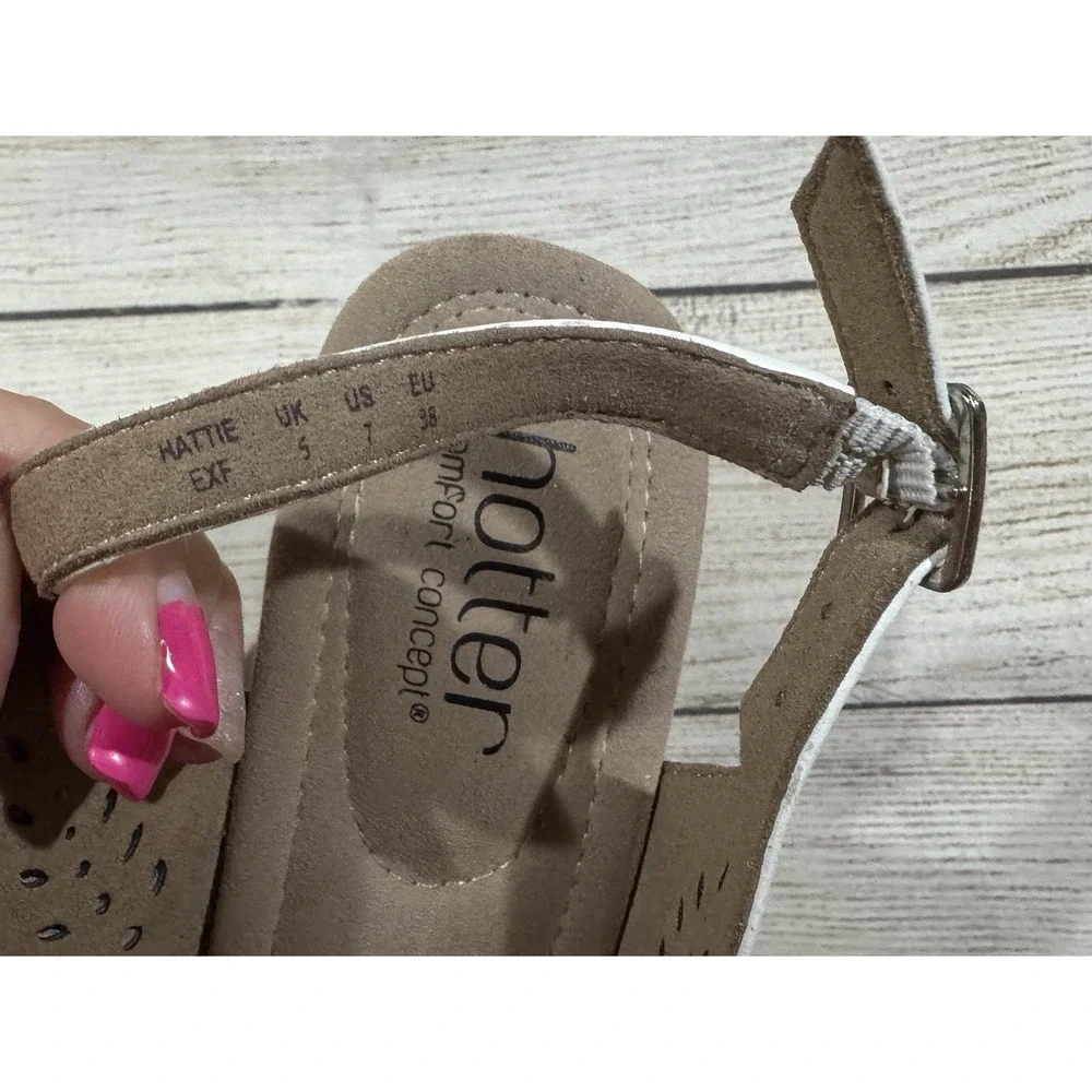 Hotter Hattie Peeptoe White Floral Cork Wedge Slingback Sandals Sz 7 US 38 EUR